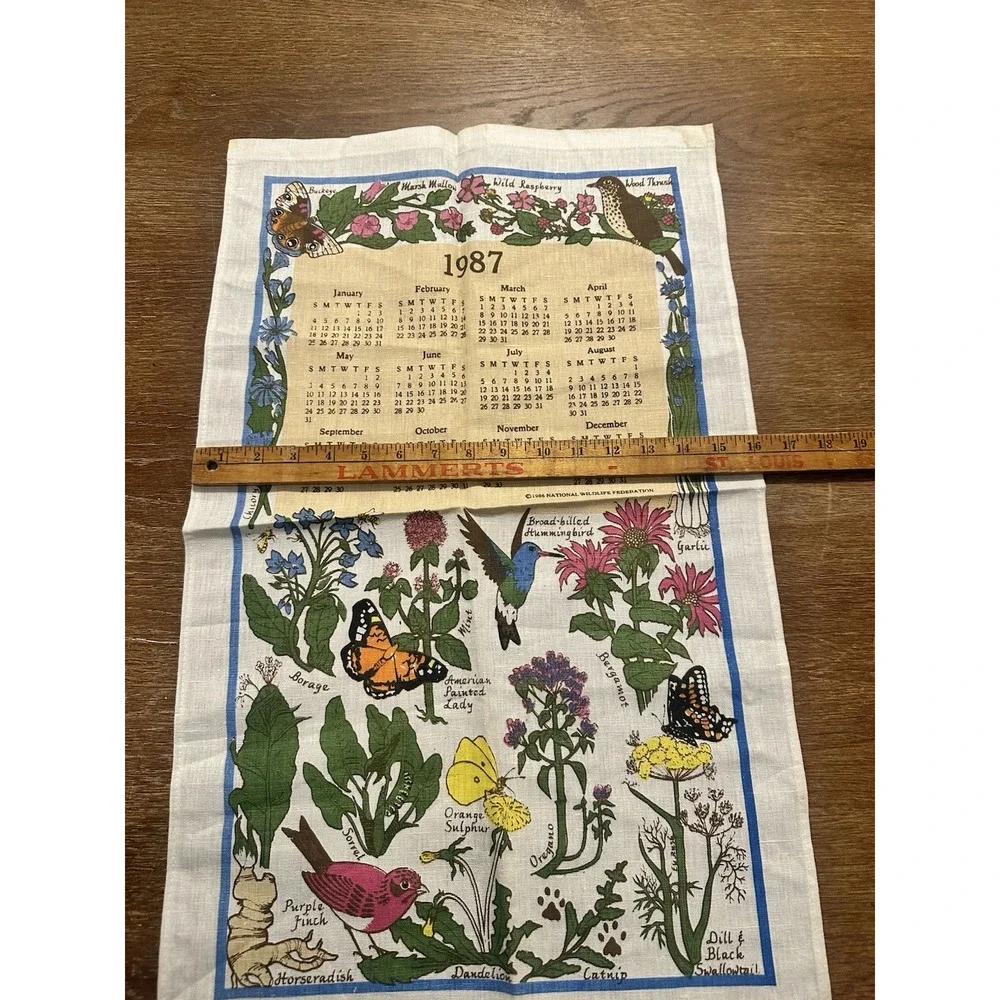 Vintage 1987 Printed Cloth Hanging Wall Calendar Tea Towel Butterflies Flowers